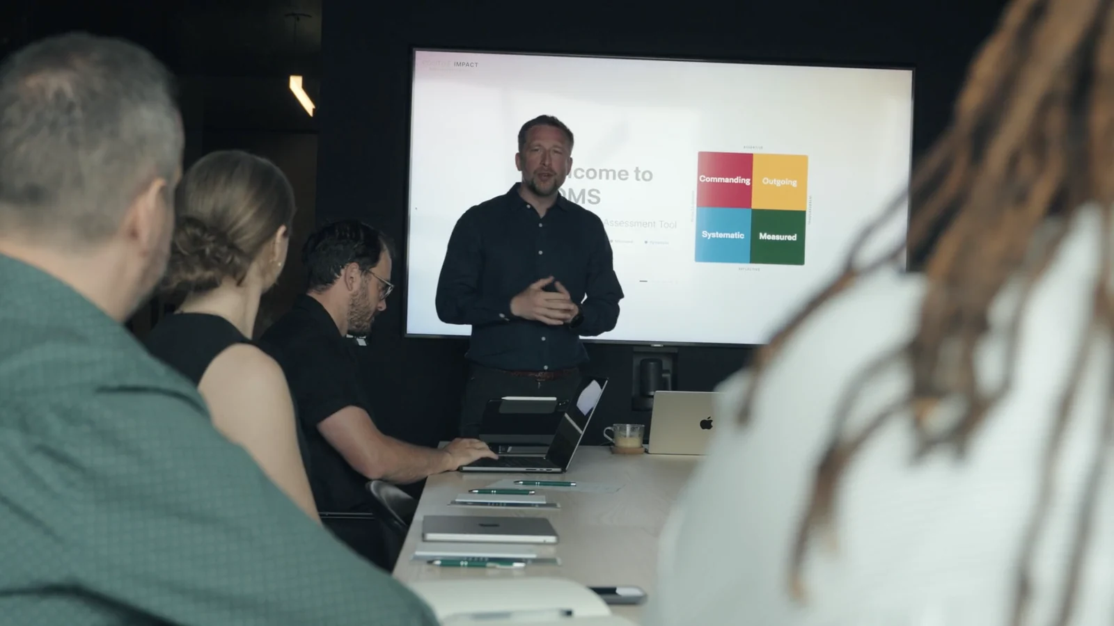 Will Chambers introducing the COMS communication styles model to a team around a boardroom table